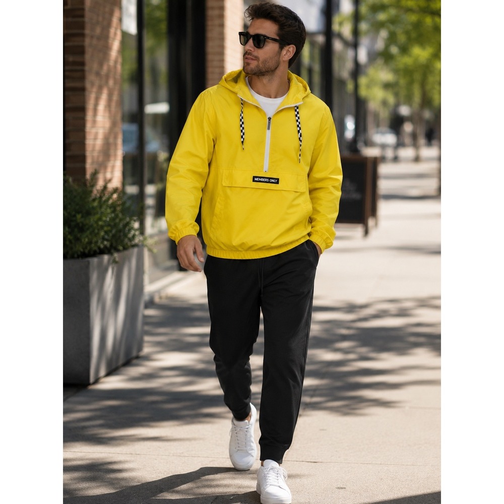 Members Only Yellow Hooded Windbreaker Anorak Jacket Pouch Pocket Mens M